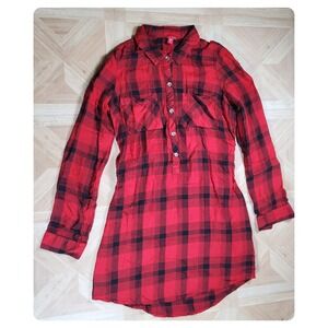 Guess Red Black Plaid Tunic Shirt Dress Roll Tab Sleeve Tie Back Small